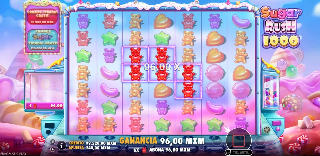Sugar Rush demo visar cluster, multipliers och free spins utan bevis på maxvinst