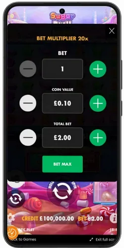 Sugar Rush mobil insatsmeny på telefon